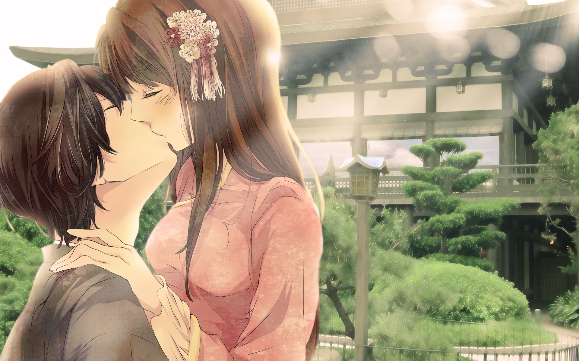 Anime-style artwork of Taiwan and Japan from Hetalia Axis Powers sharing a tender moment in a traditional Japanese garden setting.