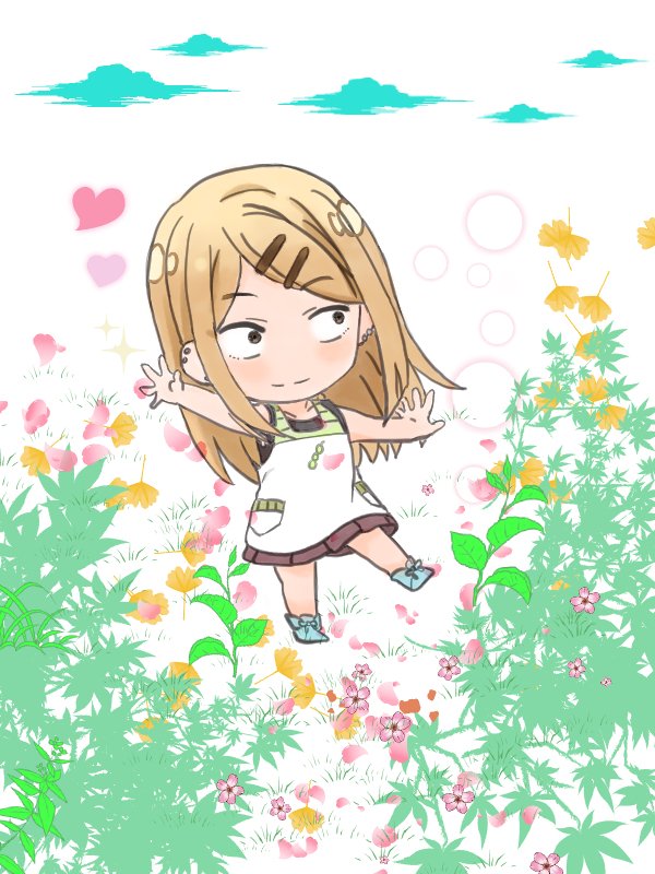 Chibi Endou Saya (Dagashi Kashi) skipping through a pastel flower meadow, wearing a white apron dress and hairclips, playful smile with hearts and bubbles.