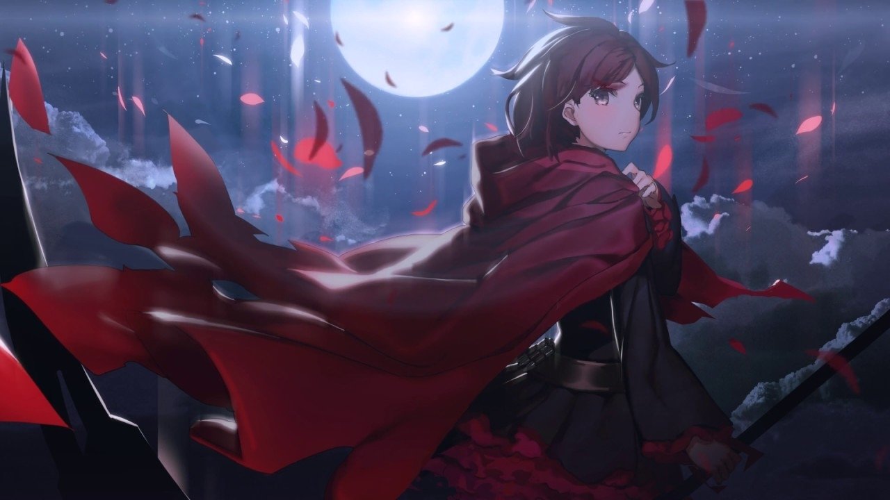 Ruby Rose from RWBY stands against a moonlit sky, her red cloak flowing as petals swirl around her in this anime-style artwork.