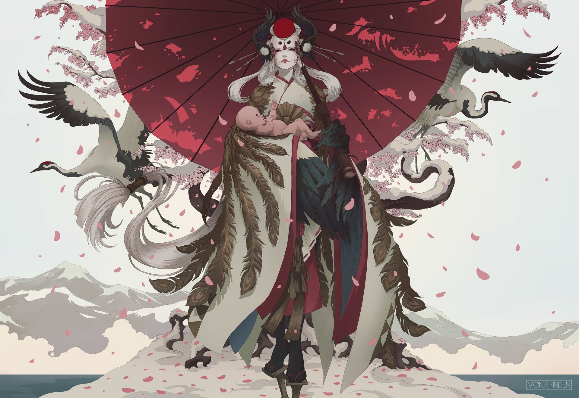 Anime Onmyoji: an elegant white‑haired priestess in an ornate kimono holds a red umbrella as cranes and crows swirl around her and cherry petals fall.