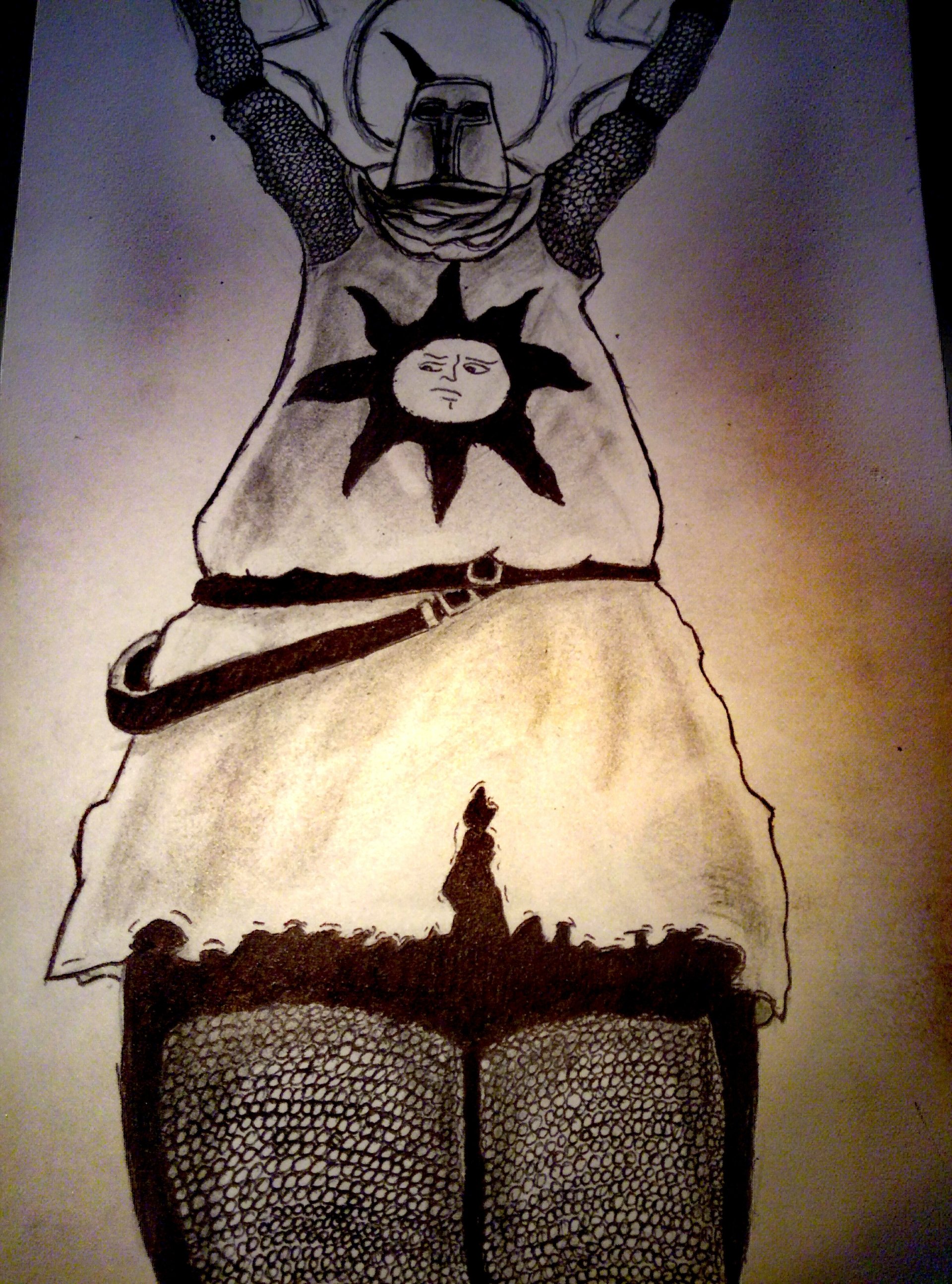 Hand-drawn Dark Souls image of Solaire of Astora, arms raised in praise, sun emblem on his tunic, chainmail legs and helmet rendered in bold shading.
