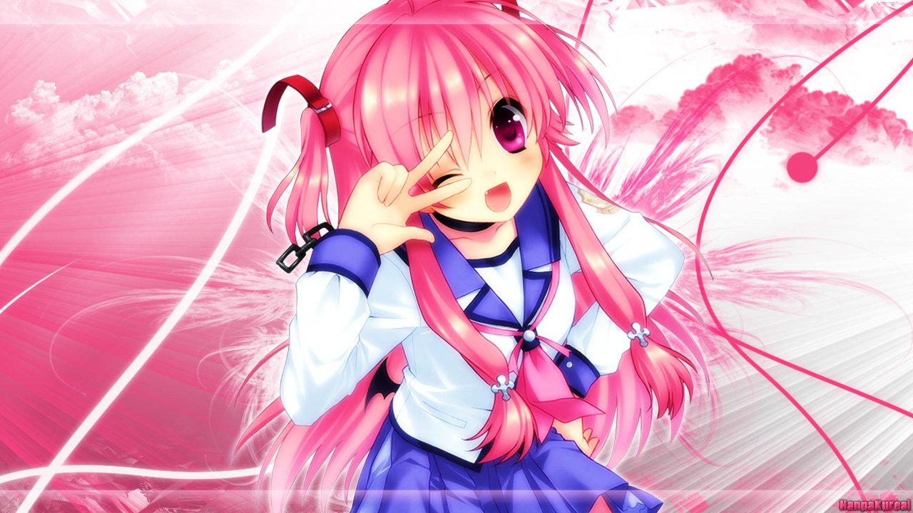 Yui (Angel Beats!) — pink-haired anime girl in a sailor school uniform, winking and making a V sign, energetic pose against a stylized pink background.