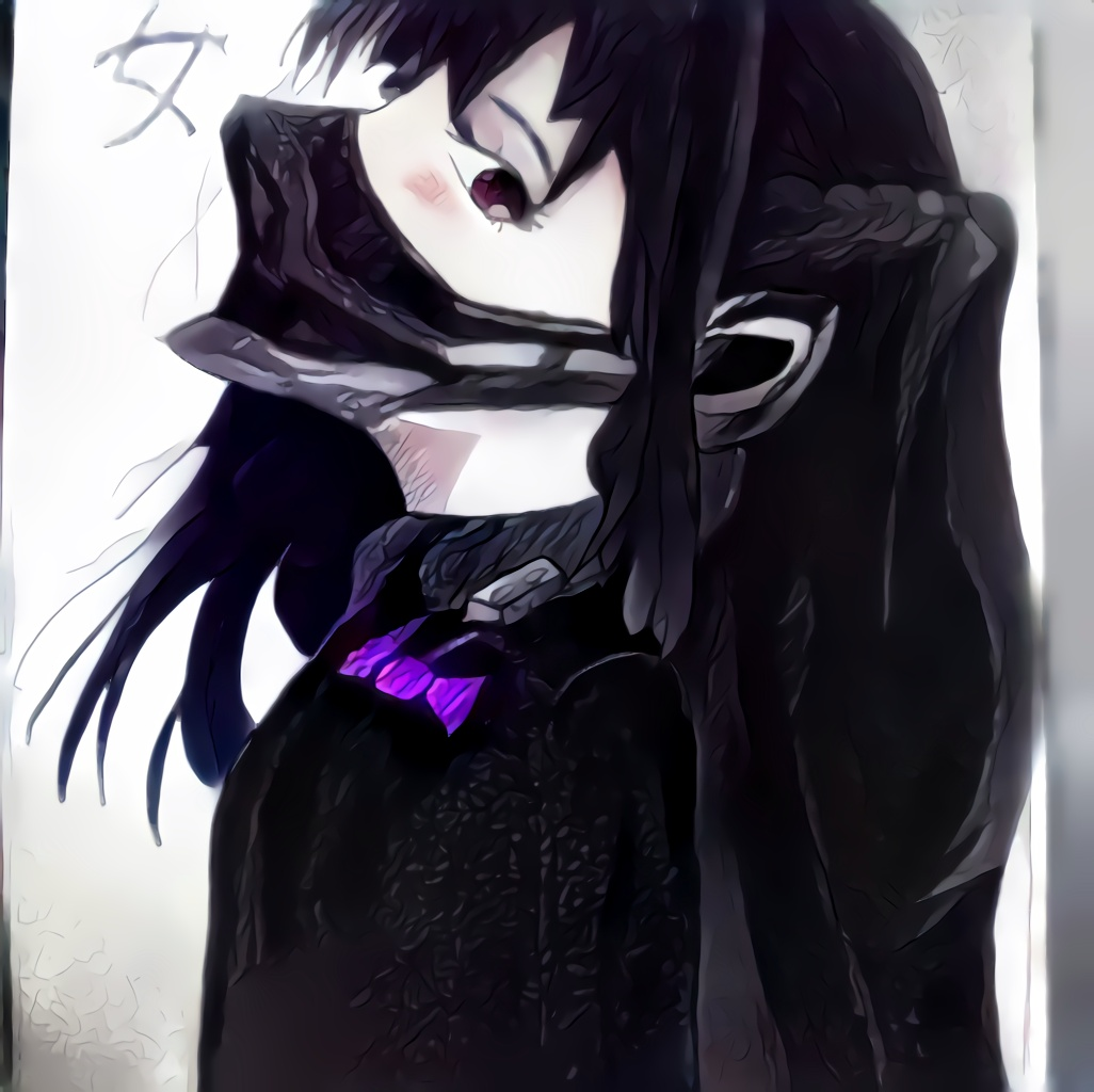 Anime girl with dark hair and striking red eyes, wearing a mysterious mask and black attire, exuding a dark and enigmatic aura.