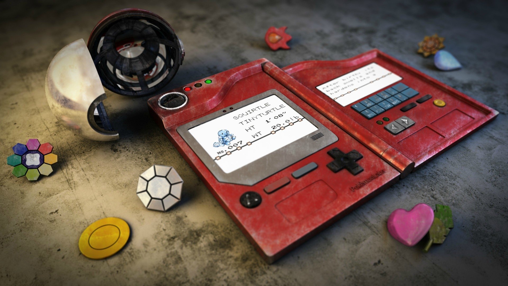 Anime-style image of an open red Pokémon handheld device (Pokédex) on a table, surrounded by badges, a Poké Ball and assorted tokens, rendered with worn, textured detail.