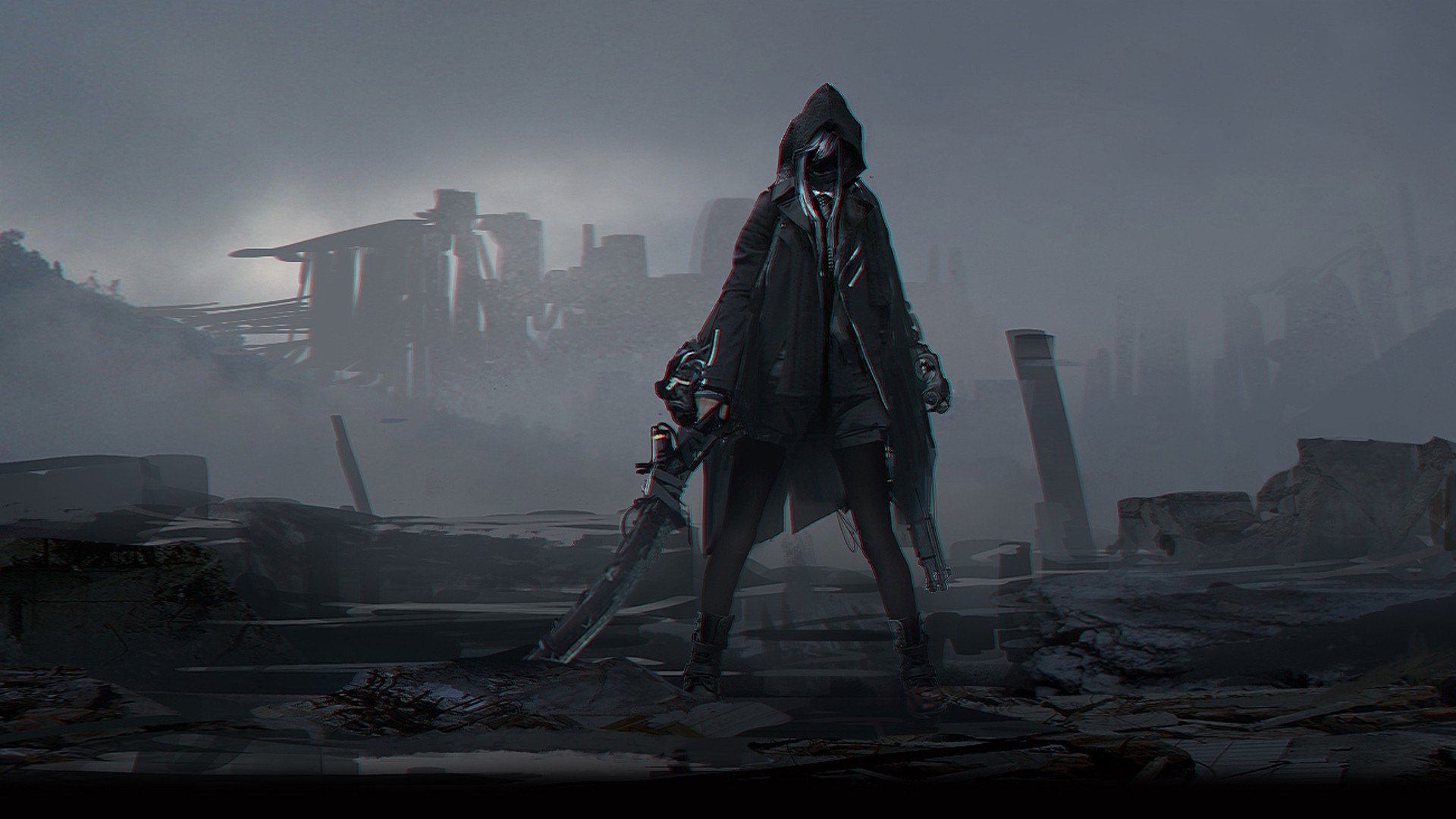 Anime-style warrior cloaked in dark attire stands in a desolate, foggy battlefield, holding a large weapon amidst ruined structures.