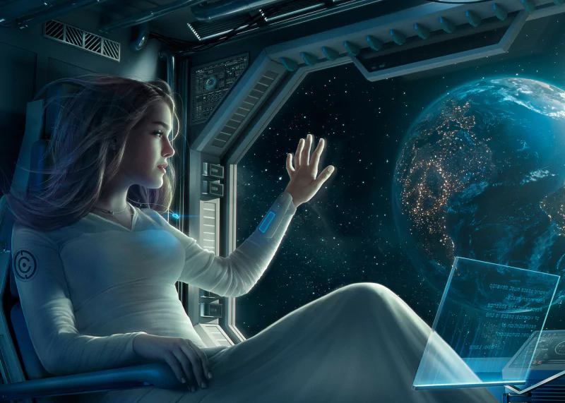 A sci-fi woman inside a spaceship reaches out toward a holographic Earth, surrounded by futuristic technology and star-filled space.