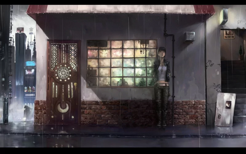 A rainy anime street scene features a figure standing by a building with a decorative door and a colorful window, capturing a serene urban atmosphere.