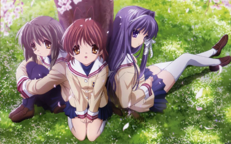 Three anime characters from Clannad—Fuuko Ibuki, Kyou Fujibayashi, and Nagisa Furukawa—smile while wearing skirts and thigh-high pantyhose, surrounded by a picturesque outdoor setting.