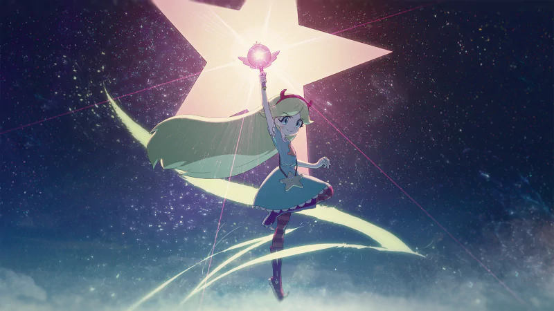 Star Butterfly floats in a cosmic night sky, wand raised to a glowing star as crescent light trails swirl around her.
