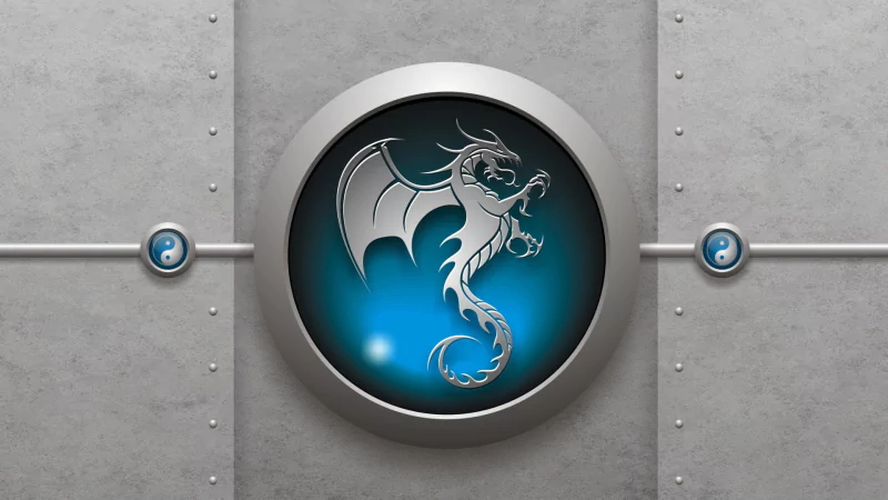 A metallic emblem featuring a stylized fantasy dragon in silver on a glowing blue circular background, set against a riveted industrial metal surface.