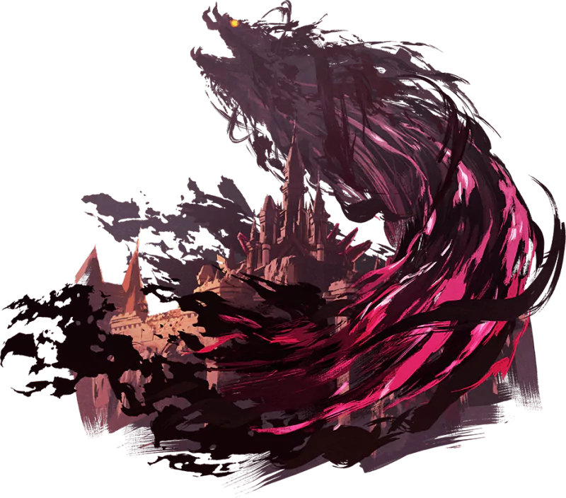 Ganon from the video game The Legend of Zelda: Breath of the Wild — a shadowy, pink-tinged vortex of malice coalescing into a towering beast above a besieged castle.