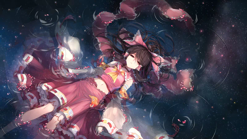 Anime-style Reimu Hakurei (Touhou) floats in a starry, watery void, wearing her red shrine-maiden outfit with ribbons, eyes closed and ethereal lights swirling around her.
