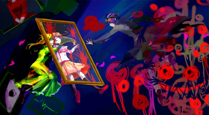 A colorful artwork inspired by the video game Ib (2012), featuring a girl in a frame being reached for by a mysterious figure amidst a backdrop of surreal imagery and dark colors.