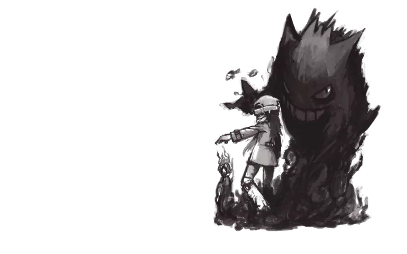 Monochrome art of Gengar (Pokémon) from Pokémon: Diamond and Pearl looming behind a trainer, shadowy wisps and a menacing grin — video game Pokémon scene.