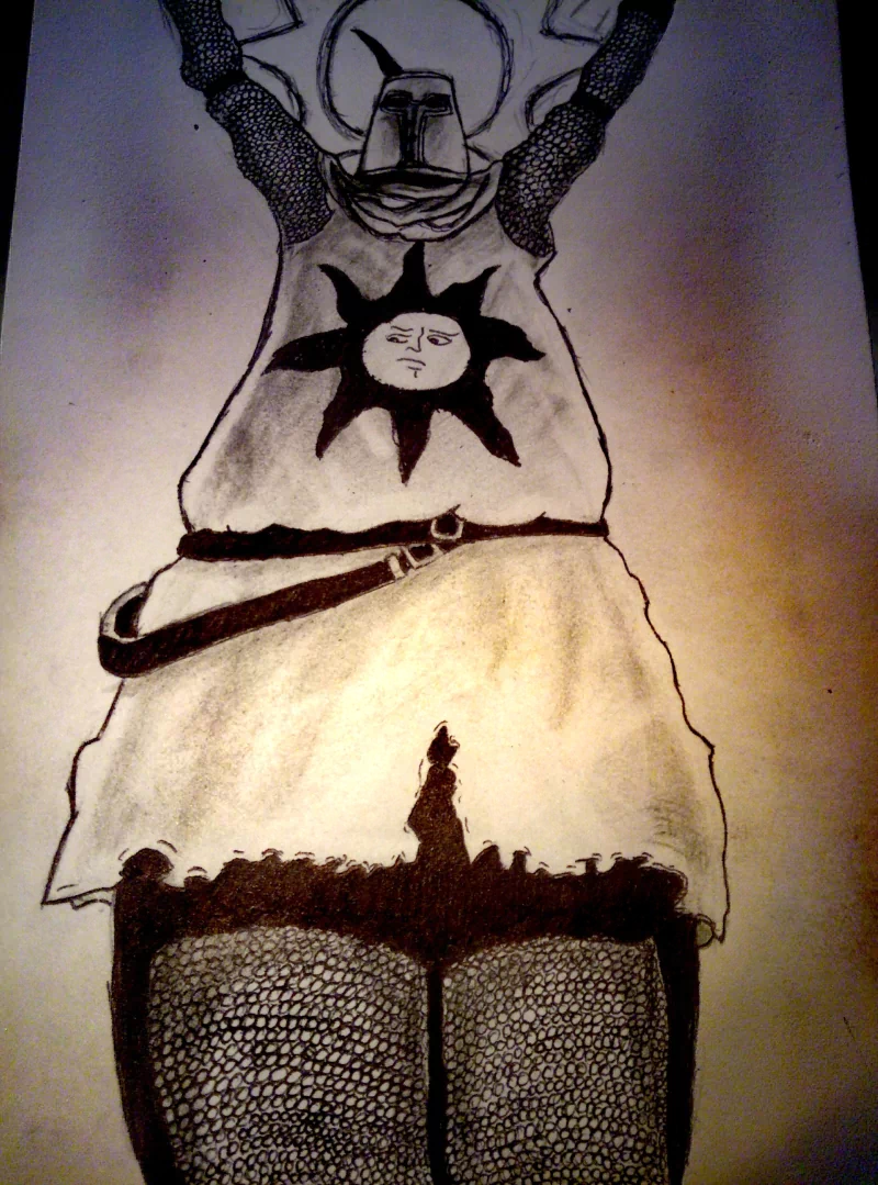 Hand-drawn Dark Souls image of Solaire of Astora, arms raised in praise, sun emblem on his tunic, chainmail legs and helmet rendered in bold shading.