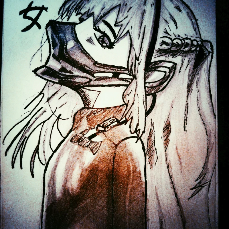 Hand-drawn anime girl in profile wearing a mechanical face mask, long braided hair and flowing strands, heavy shading, with the kanji 女 in the top corner.