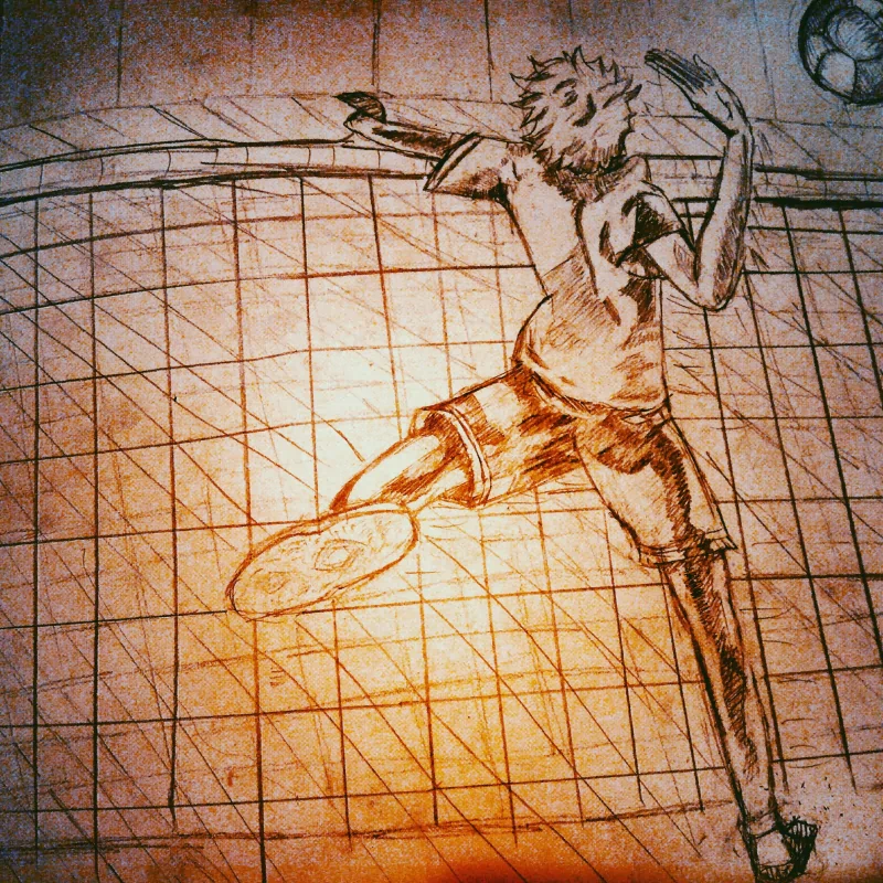 Sketch-style anime illustration of a Haikyū!! player leaping at the net to spike a volleyball, dynamic pose and motion lines over a warm, textured background.