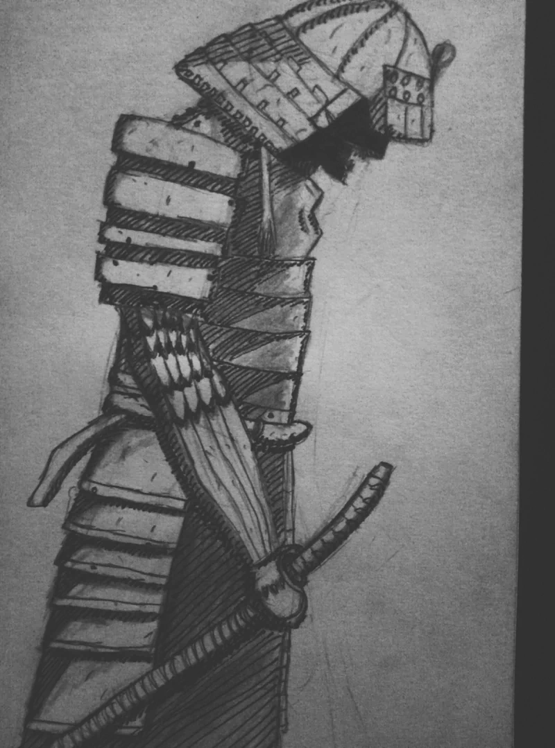 Pencil sketch of a bowed fantasy samurai in layered armor and a horned helmet, hand resting on a sheathed katana.