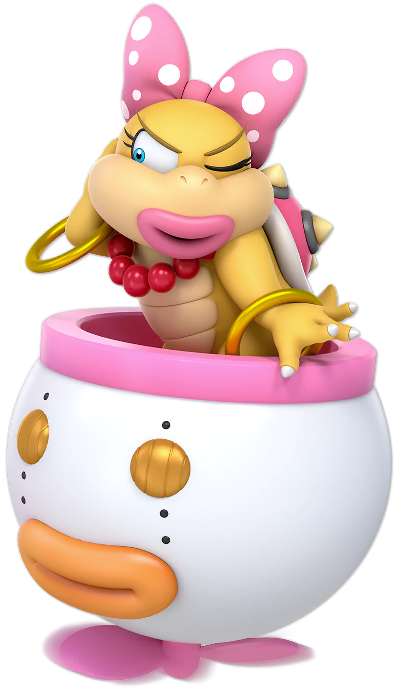 Video game character Wendy O. Koopa from Super Smash Bros. Ultimate winks from her pink clown car, wearing a polka-dot bow, red bead necklace, pink lips and gold hoop earrings.