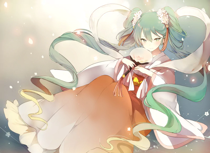 An anime-style illustration of Hatsune Miku from Vocaloid, featuring her iconic teal twin tails and traditional-inspired flowing attire with soft glowing accents.
