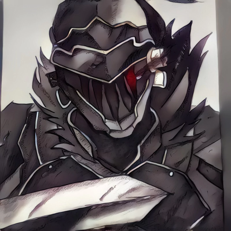 Anime-style close-up of Goblin Slayer wearing dark, spiked armor and a visor with a glowing red eye, gripping a blood-stained sword.