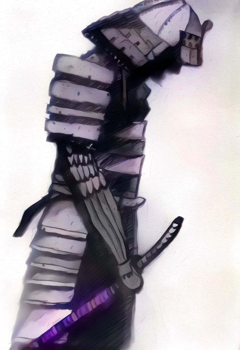 Hooded fantasy samurai in layered plate armor, glowing purple-bladed katana at his side, head bowed in a shadowed silhouette.