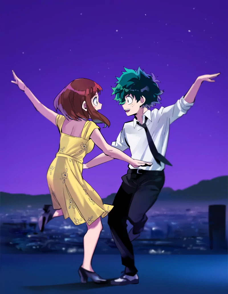 Ochaco Uraraka and Izuku Midoriya (My Hero Academia) dance together beneath a starry, La La Land–style skyline in an anime crossover.