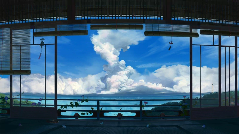 Anime-style original artwork depicting a tranquil room with a wide open view of a vibrant blue sky and towering, fluffy clouds stretching above distant hills.