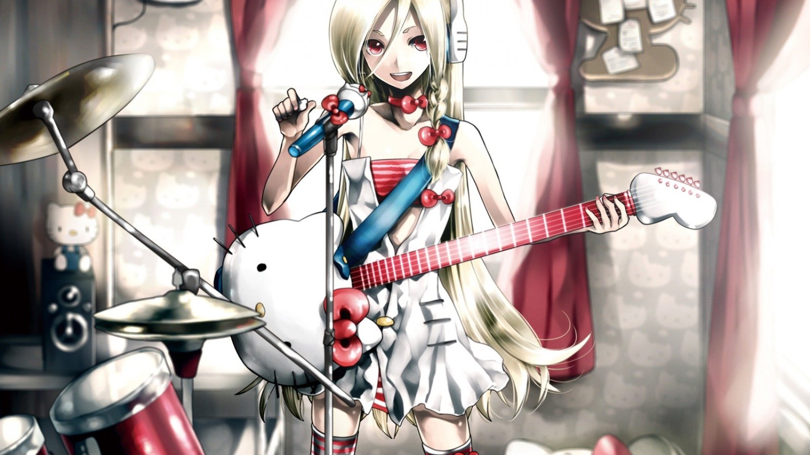 An anime character with long hair dressed in white and red stands confidently with a guitar styled after Hello Kitty, surrounded by musical instruments in a cozy room.