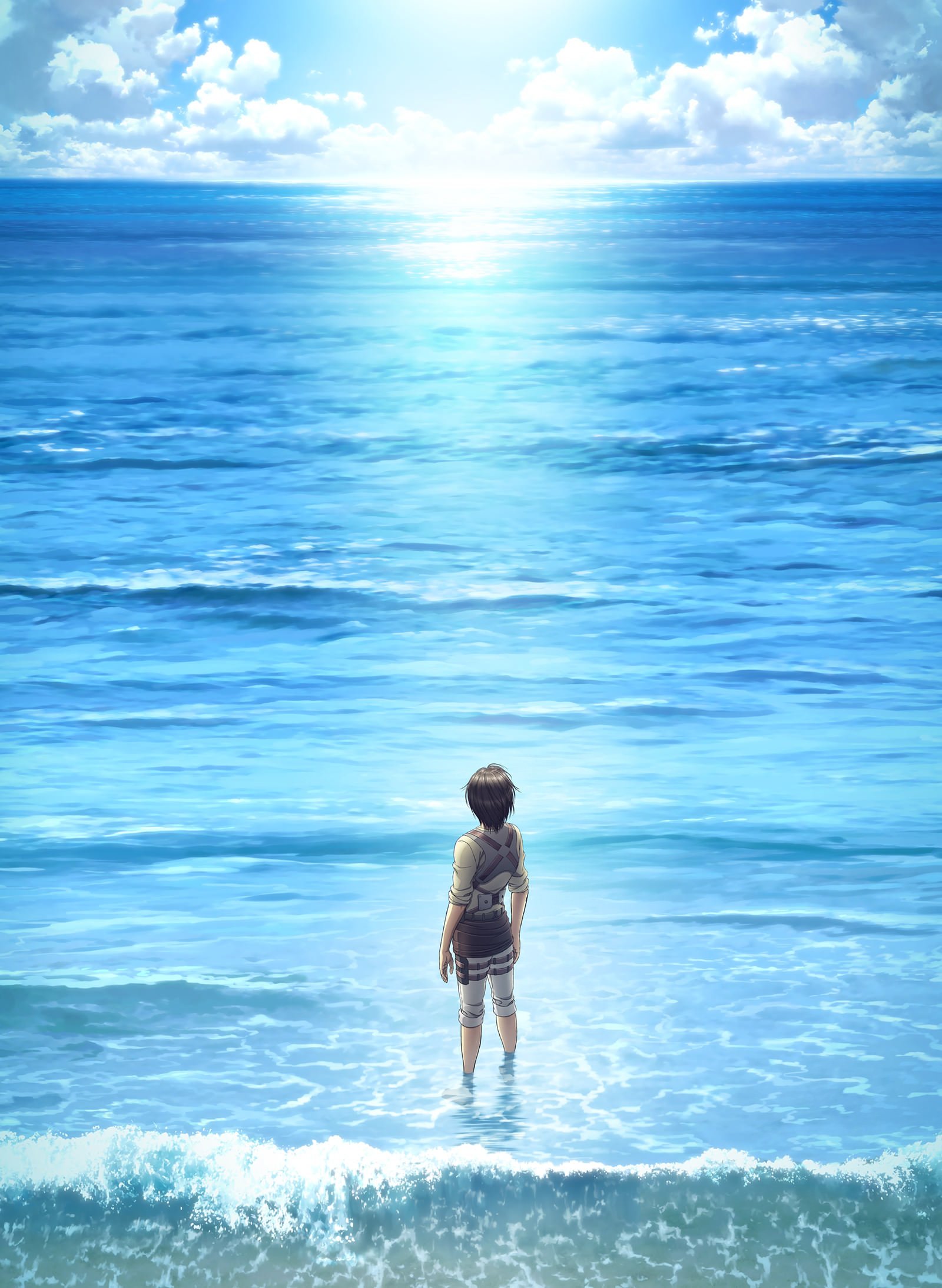 Eren Yeager (Attack on Titan) stands waist-deep at the shore, facing a vast sunlit ocean in an anime-style scene.
