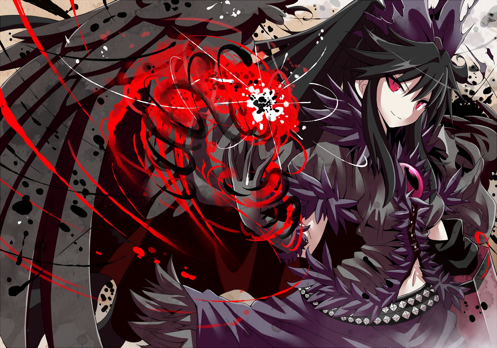 Anime depiction of Utsuho Reiuji (Touhou) in a dark feathered outfit with wings, long black hair and red eyes, clutching a glowing red energy orb amid swirling black and red streaks.