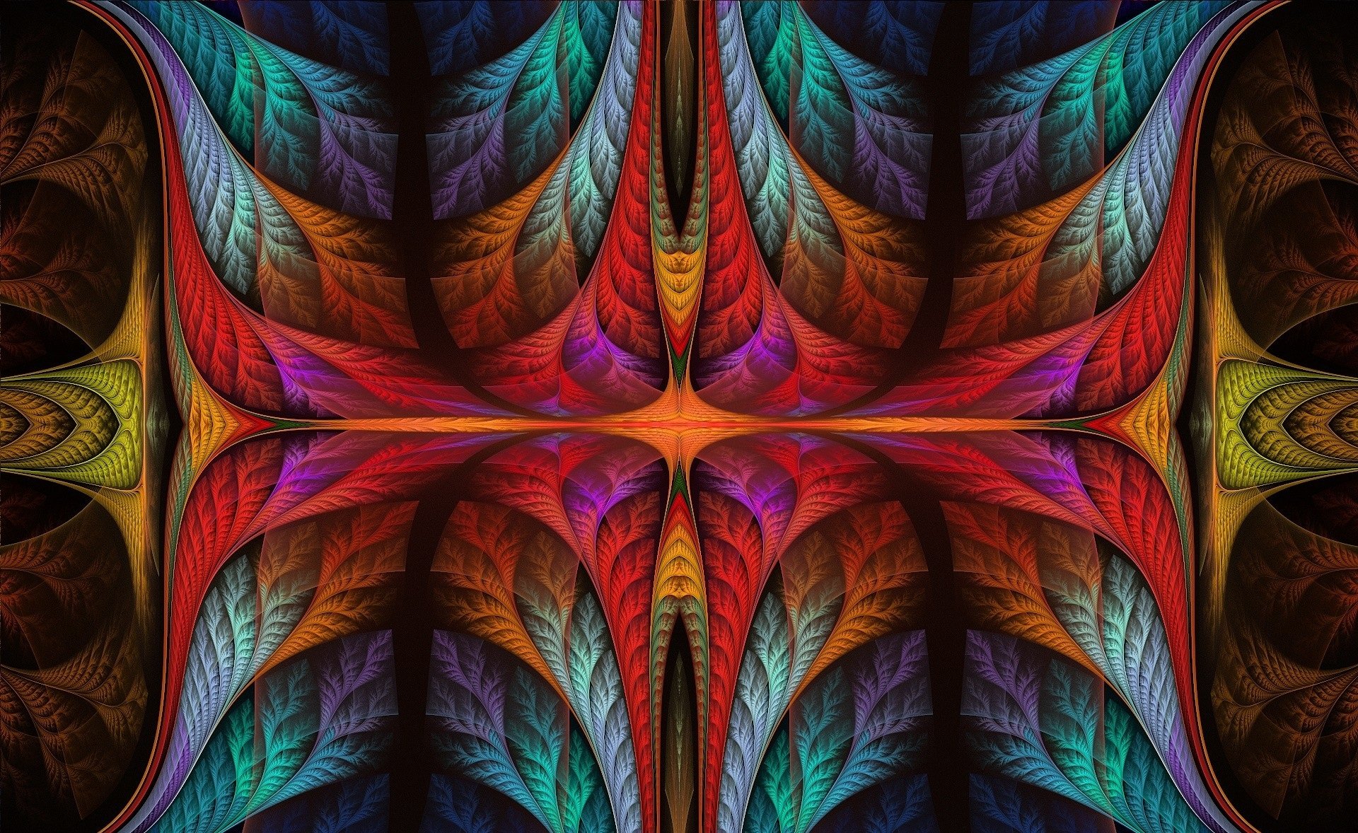 Abstract fractal pattern with vibrant, multicolored feather-like shapes symmetrically arranged around a central glowing point.