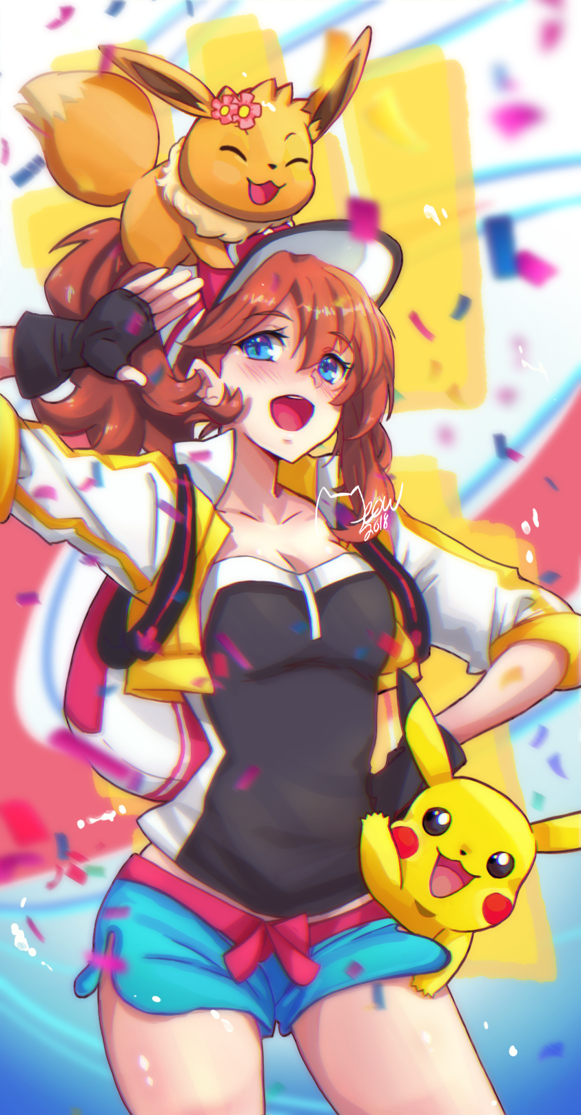 Colorful art of a trainer from the video game Pokémon: Let's Go Pikachu and Let's Go Eevee — smiling girl posing with Pikachu at her hip and Eevee perched on her shoulder amid confetti.
