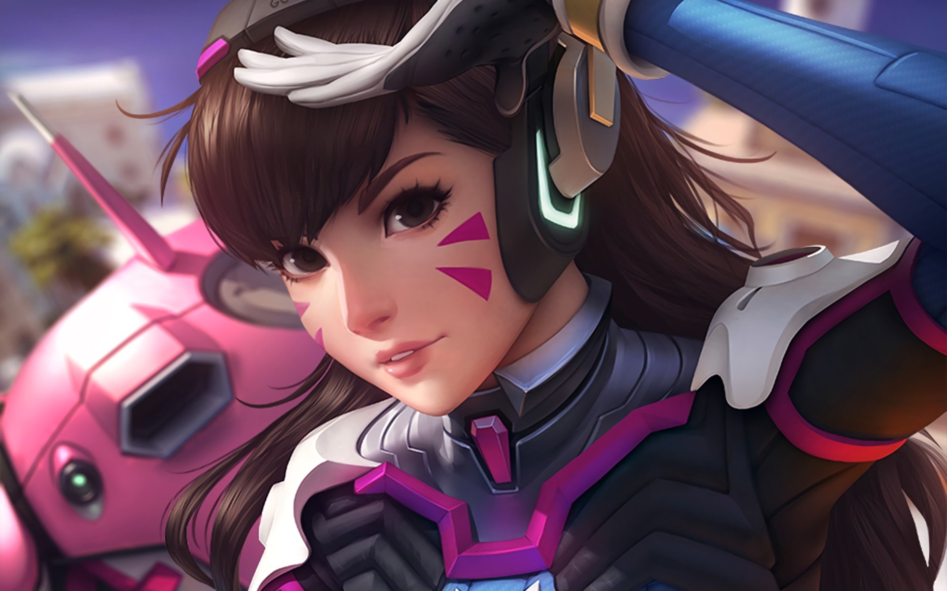 Close-up of D.Va from the video game Overwatch, showcasing her headset, signature face paint, and futuristic armor with her mech partially visible in the background.