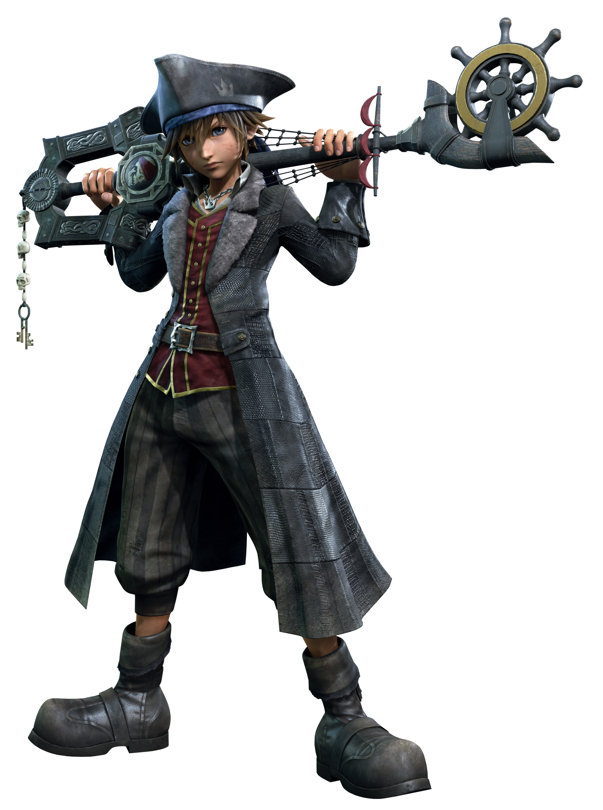 Sora from the video game Kingdom Hearts III, wearing a long coat and hat, standing with a large ornate Keyblade rested over his shoulder.
