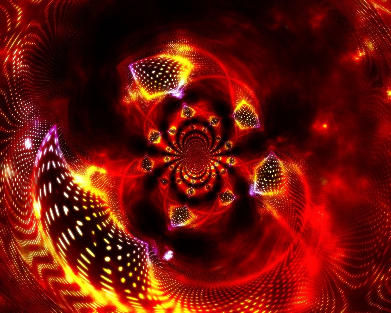 Abstract artistic image featuring swirling red and orange patterns with bright dotted shapes creating a dynamic, fiery vortex effect.