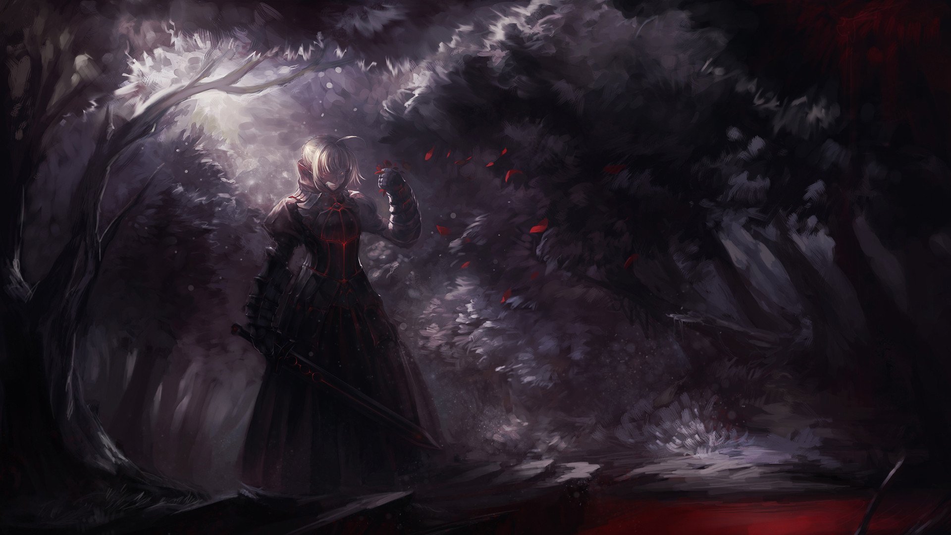 Anime depiction of Saber Alter from Fate/Stay Night standing in a shadowy, blood-red forest, dark armor gleaming as petals swirl around her in an ominous, gothic scene.