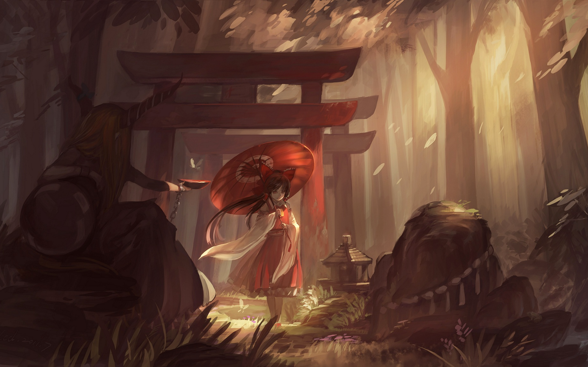 A serene forest scene featuring Suika Ibuki and Reimu Hakurei from the Touhou anime, illuminated by warm sunlight filtering through the trees near a red torii gate.