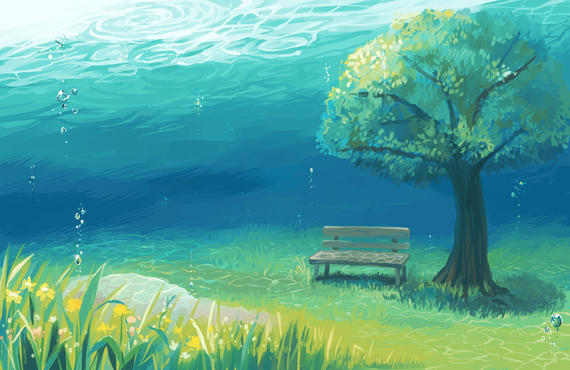 Anime-style underwater scene featuring a bench beneath a large tree, surrounded by grass and flowers with bubbles rising toward the water's surface.