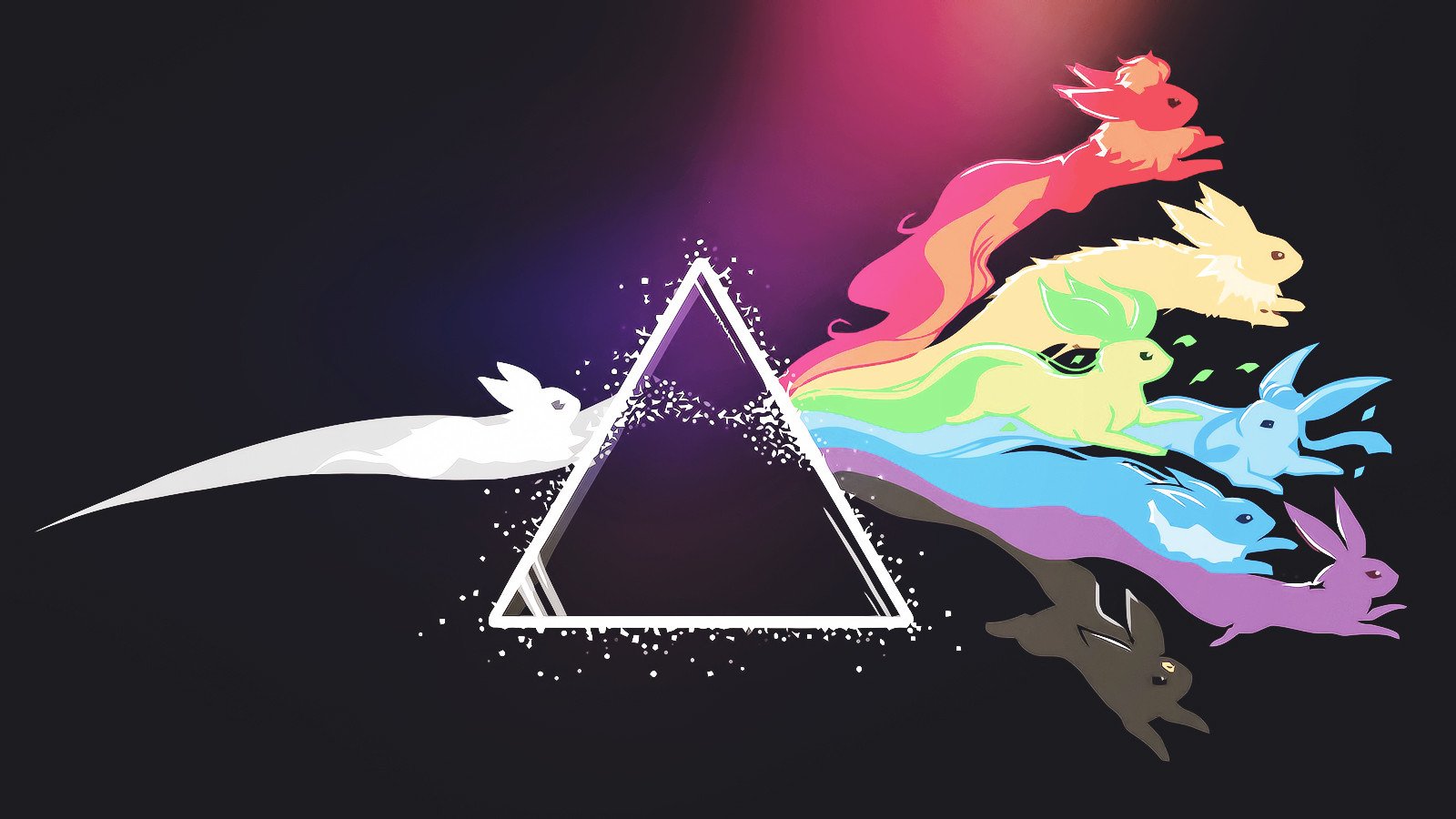 Artwork of Eevee and its Eeveelutions from Pokémon bursting in colorful streams from a glowing triangular outline against a dark background.