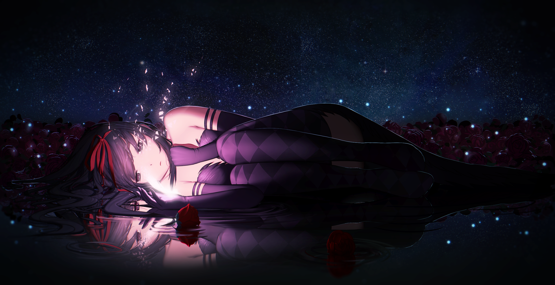 Homura Akemi (Puella Magi Madoka Magica) lying on a reflective surface amid scattered rose petals, staring at a starry sky in her dark magical girl outfit.