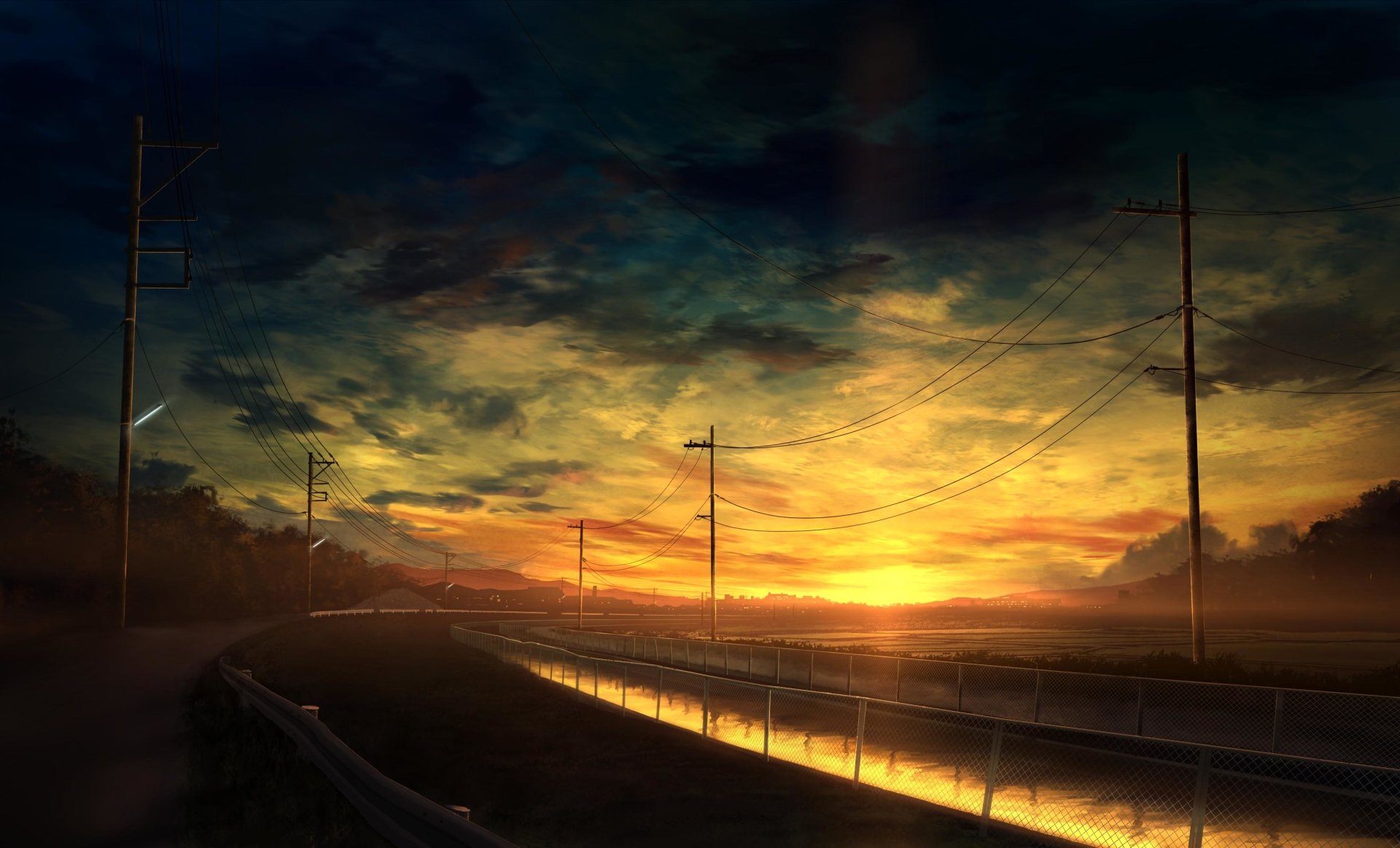 Anime-style scene of a vibrant sunrise casting warm light over a road lined with utility poles beneath a dramatic sky.