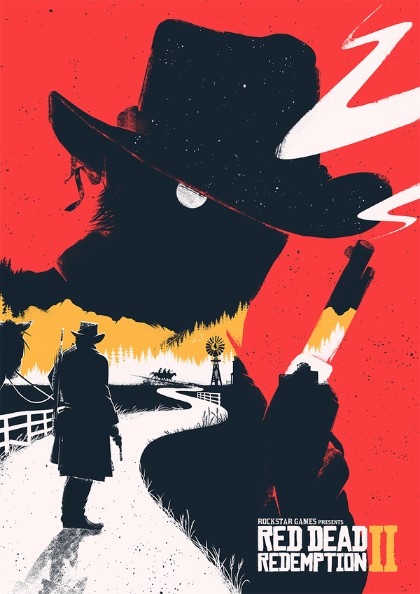 Stylized Red Dead Redemption 2 artwork featuring Arthur Morgan's silhouette with a cowboy hat and gun, set against a red background with a winding road and windmill.