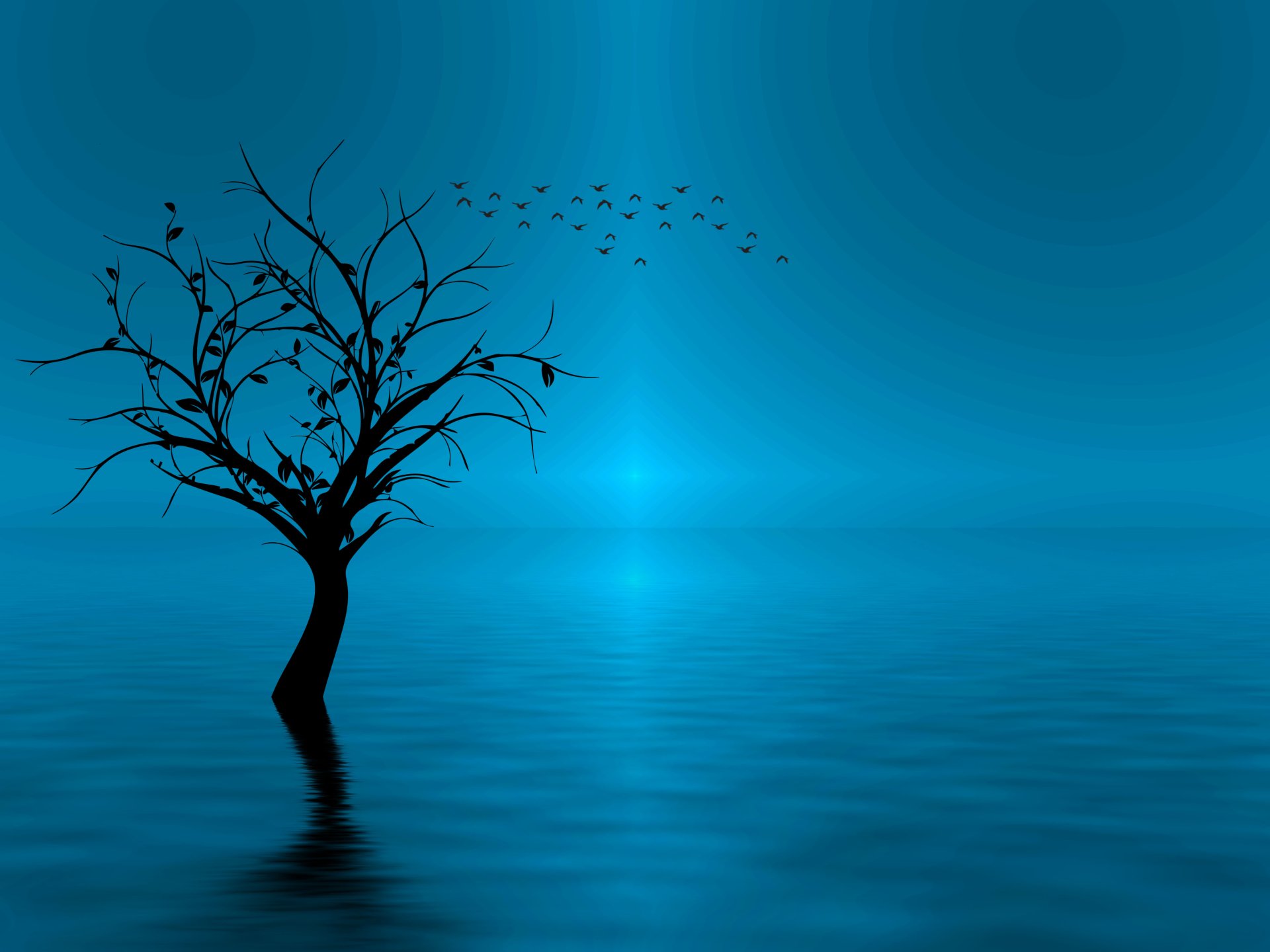 A silhouette of a tree standing in calm water with its reflection, set against an artistic blue background with birds flying in the distance.