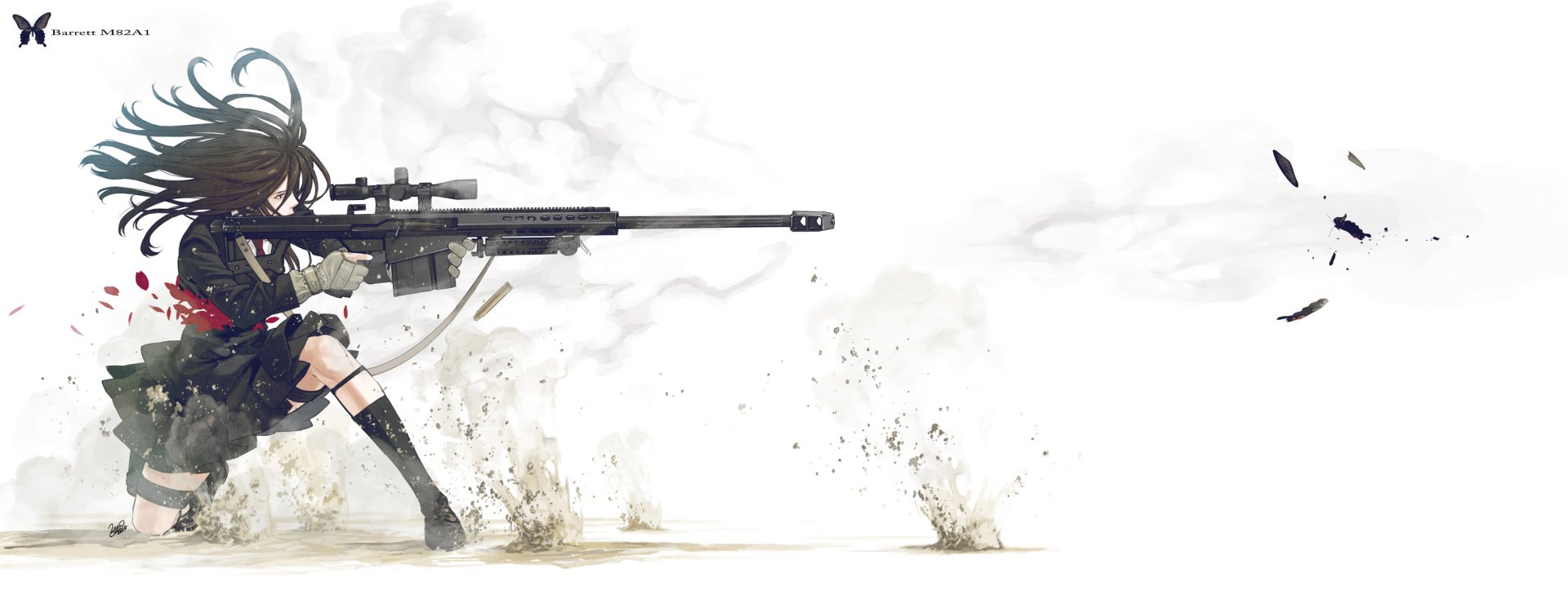 A fierce anime warrior aims a sniper rifle, surrounded by swirling dust and dynamic motion, embodying strength and determination on the battlefield.