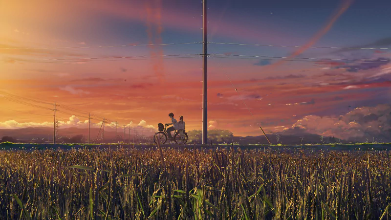 Anime-style original artwork depicting two people with a bicycle on a path beside a field at vibrant sunset under a colorful sky with scattered clouds.