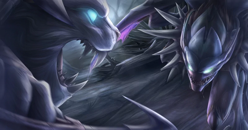 A dynamic showdown between Kha'Zix and Rengar from League of Legends, showcasing their fierce rivalry in a dark, atmospheric setting.
