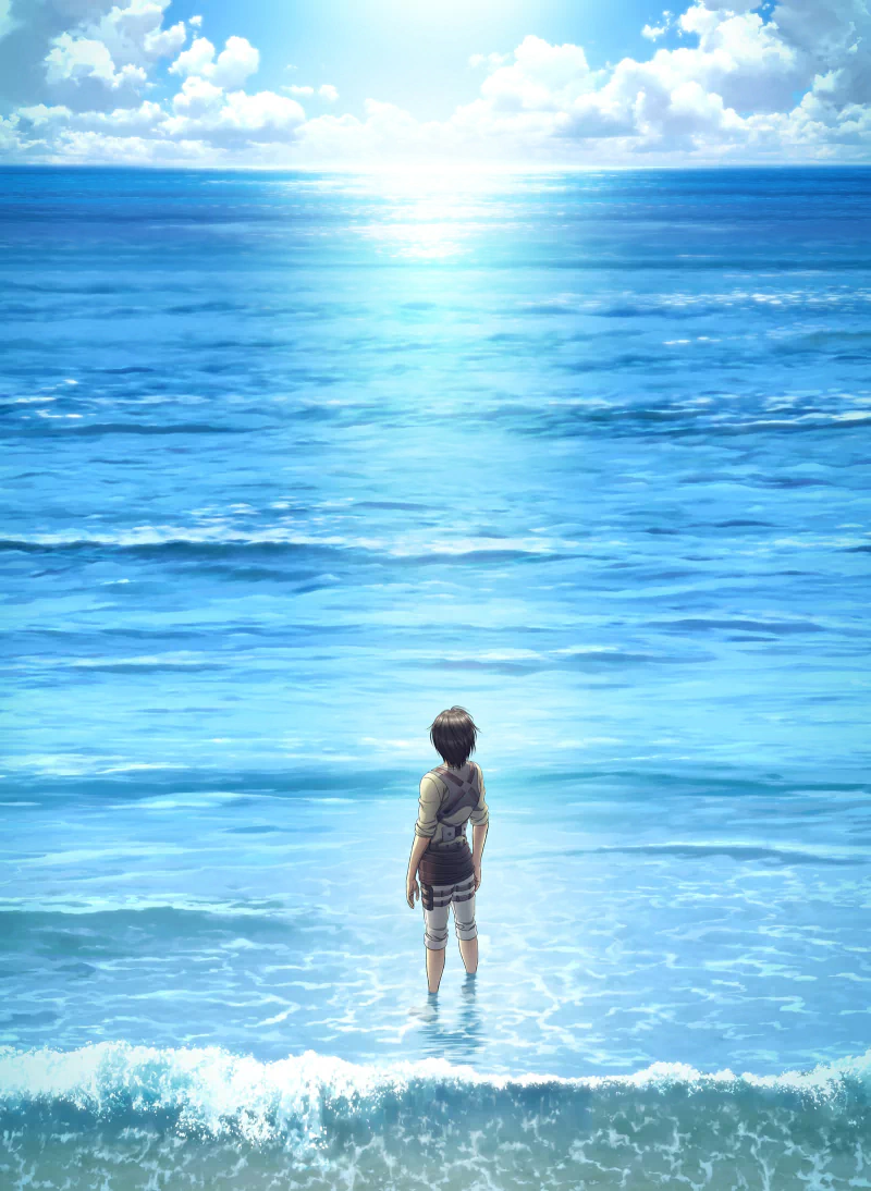 Eren Yeager (Attack on Titan) stands waist-deep at the shore, facing a vast sunlit ocean in an anime-style scene.