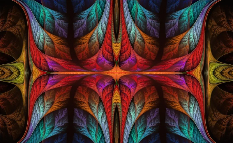 Abstract fractal pattern with vibrant, multicolored feather-like shapes symmetrically arranged around a central glowing point.