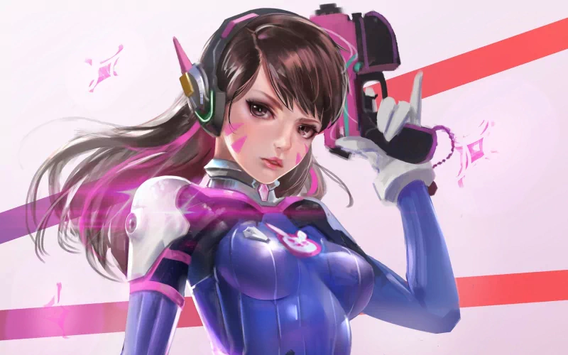 D.Va from Overwatch poses confidently, holding a gun and showcasing her signature pink and blue outfit, embodying her character from the popular video game.